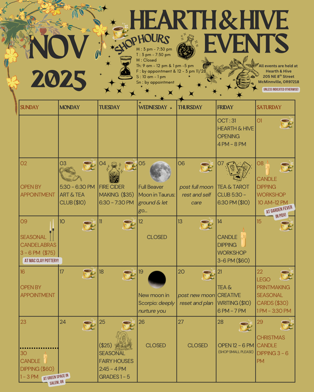 November Classes, Clubs and Workshops at Hearth & Hive